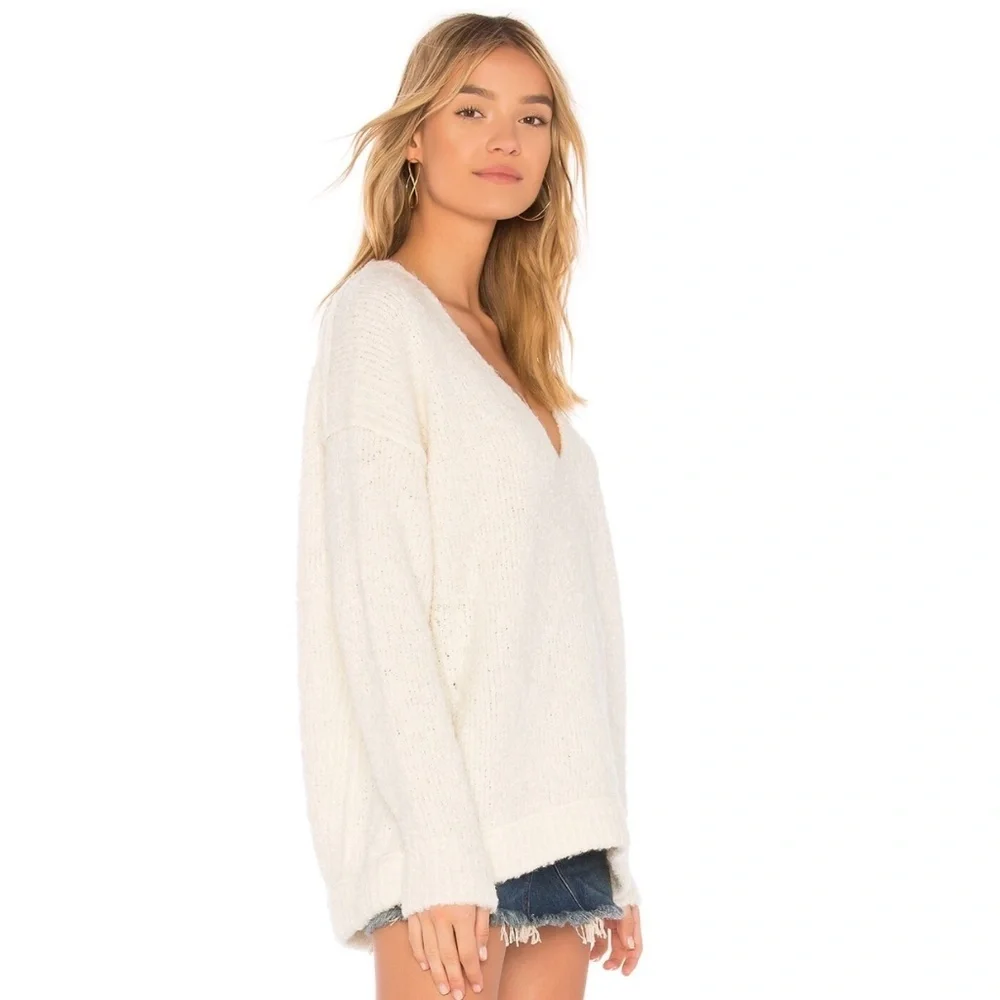 Free People Alpaca Knit Lofty V-Neck Pullover Sweater in Ivory Size Medium